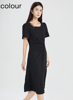 oldcolour夏季新款黑色优雅气质高级感设计感短袖连衣裙女Q221001