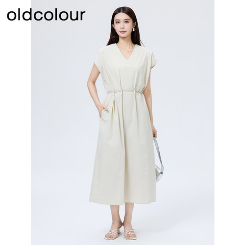 oldcolour欧珂简约通勤休闲时尚V领纯色短袖连衣裙女SA