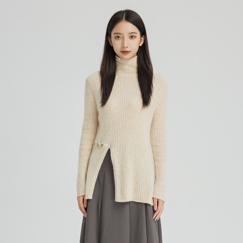 oldcolour白色高领针织打底衫2022冬季新款设计感开叉长款毛衣女