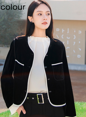 oldcolour春季新款黑色简约气质时尚百搭宽松短外套女Q110418A1