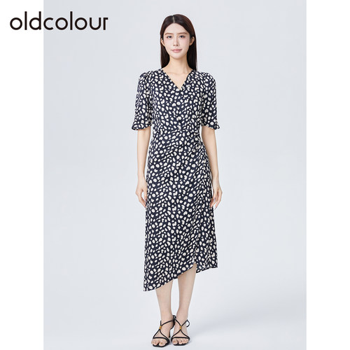 oldcolour欧珂夏季新款简约休闲收腰波点V领短袖连衣裙女SA