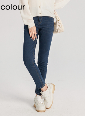 oldcolour春季新款深蓝色高腰气质修身休闲长款牛仔裤女Q111105A1