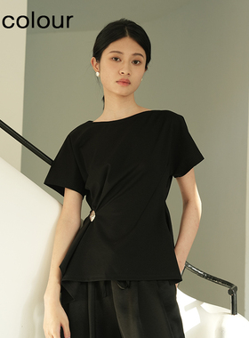 oldcolour夏季新款黑色简约时尚设计感百搭短袖T恤女Q230201A1