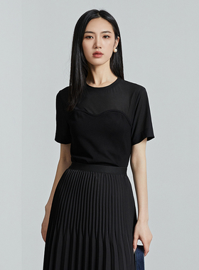 oldcolour秋季新款黑色纯色拼接设计感短袖套头衫女P310501A1