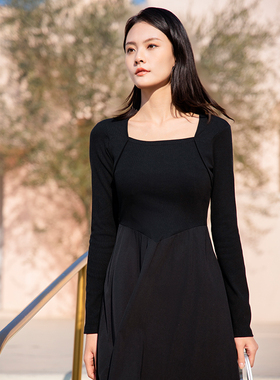 oldcolour春季新款黑色优雅气质方领高腰长袖连衣裙女Q111003A1