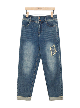 oldcolour蓝色牛仔裤春季新款复古高腰直筒卷边九分裤女P12113254