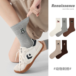 Renaissance文艺复兴女袜子纯色熊猫动物刺绣学院风透气棉中筒袜