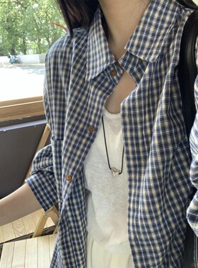 蓝色防晒格子长袖衬衫女夏季宽松慵懒原宿风休闲百搭小众衬衣潮流