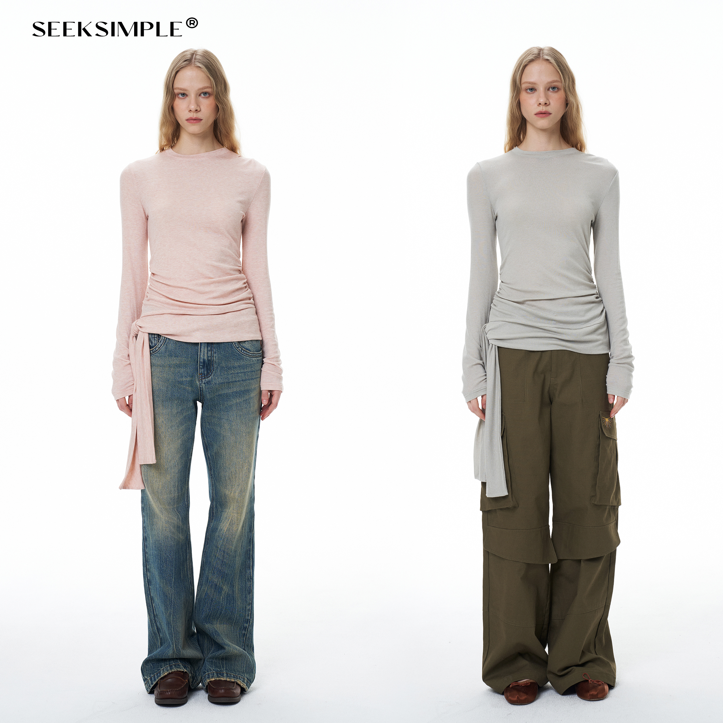 通勤常规细带抽褶圆领长袖T恤