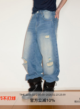 SEEKSIMPLE 100棉水洗手工破洞宽松直筒阔腿中腰显瘦廓形牛仔裤