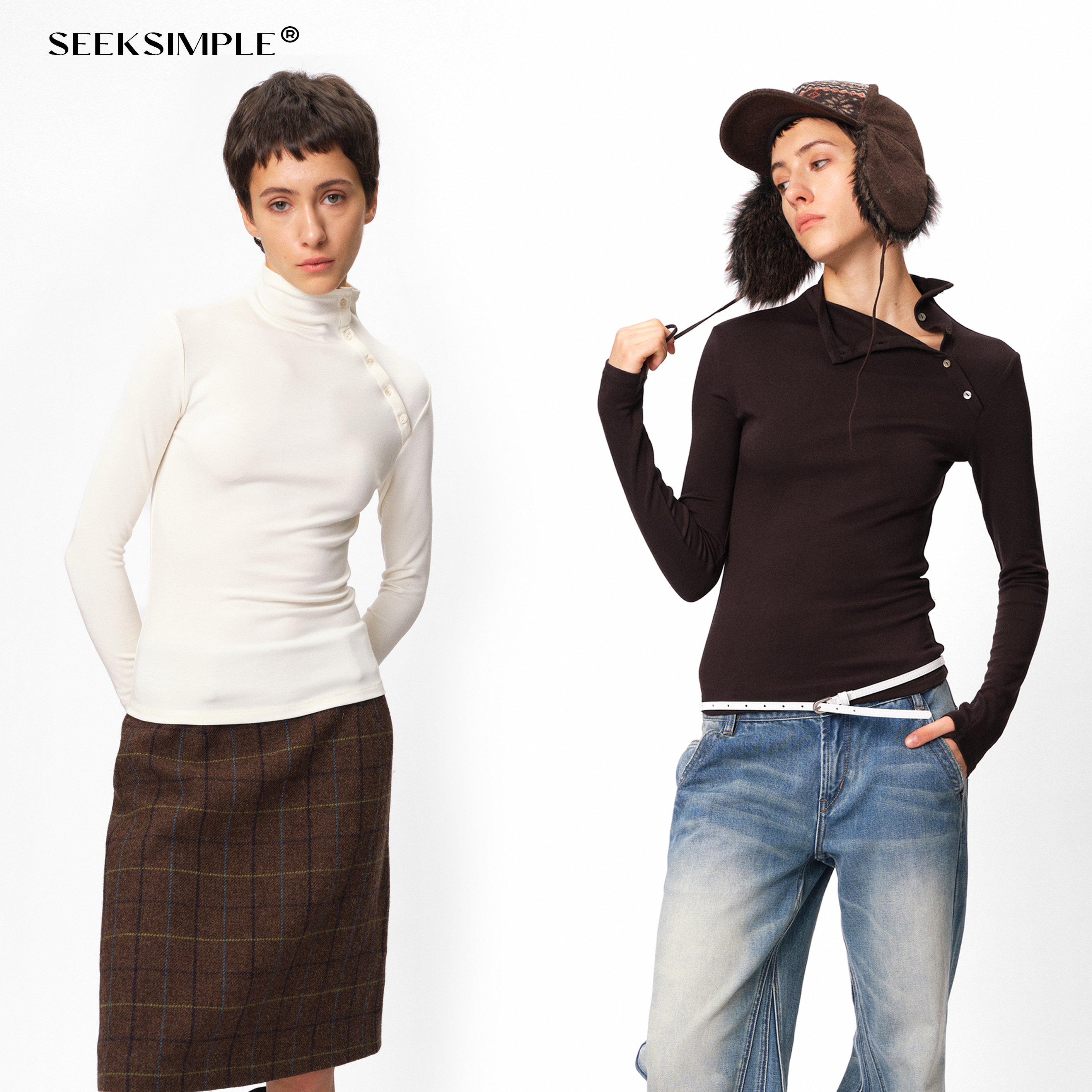 SEEKSIMPLE 冬季纽扣斜门襟高领修身长袖绵羊毛打底衫内搭T恤女