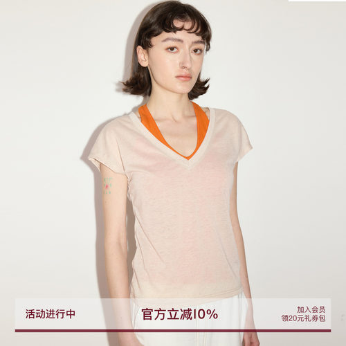 SEEKSIMPLE 亚麻混纺抗皱透气V领连肩小飞袖宽松显瘦短袖t恤上衣