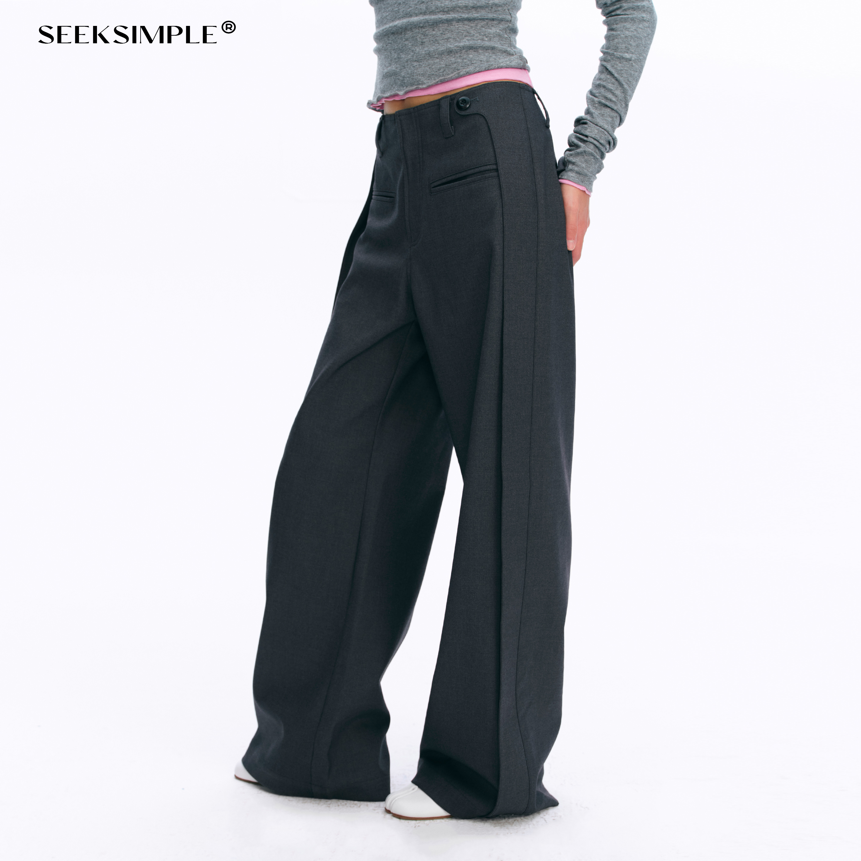 黑色宽松显瘦直筒长裤