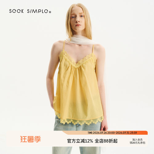 SEEKSIMPLE 日本进口醋酸铜氨 V领蕾丝花边宽松气质吊带上衣