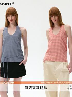 SEEKSIMPLE 品质真丝棉 | 粉蓝两色 | V领格纹系带挂脖上衣