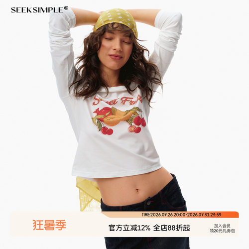 SEEKSIMPLE 高密棉纺|水果印花|复古正肩长袖短款t恤上衣D0446