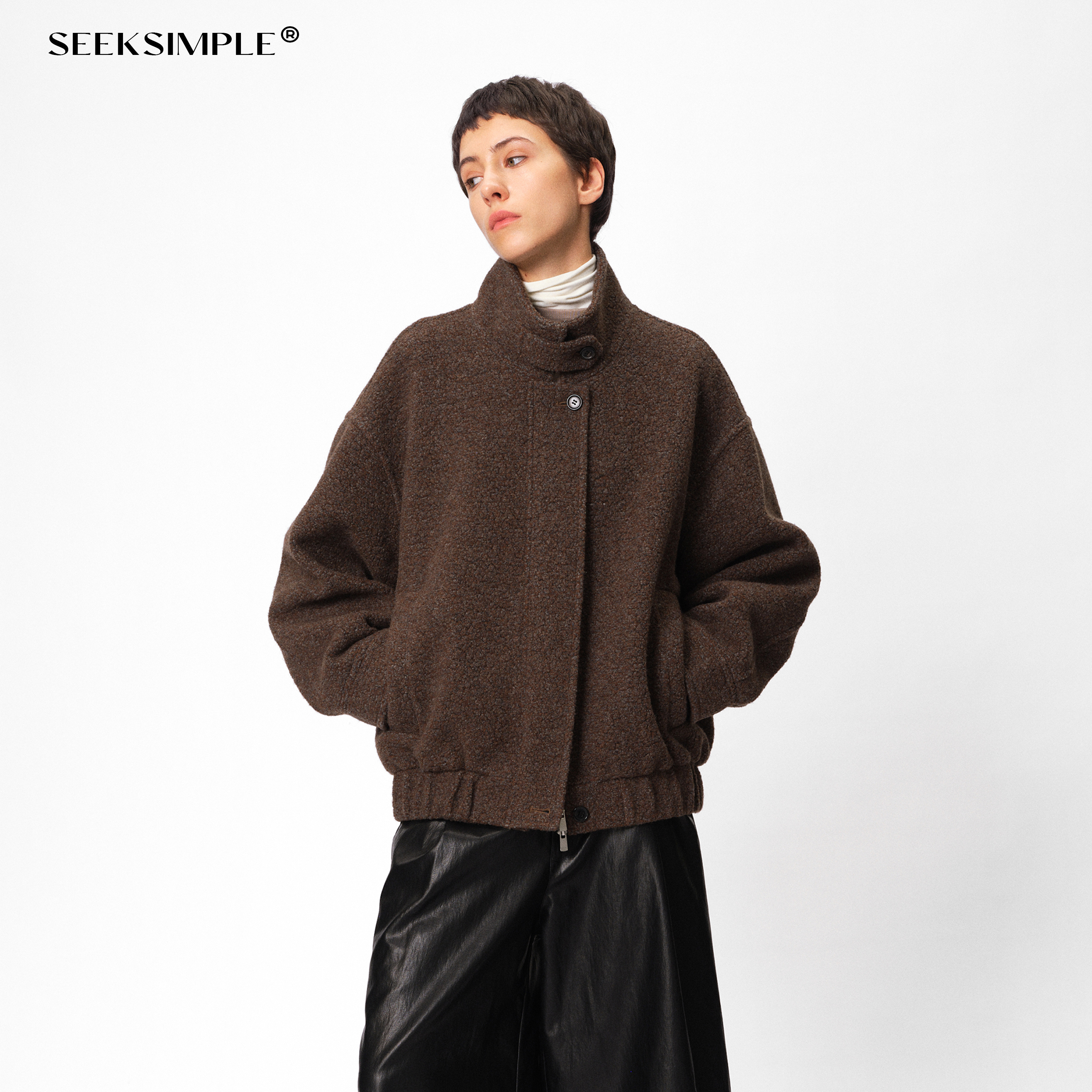 SEEKSIMPLE  羊毛混纺圈圈立领夹克外套女冬季宽松显瘦廓形上衣