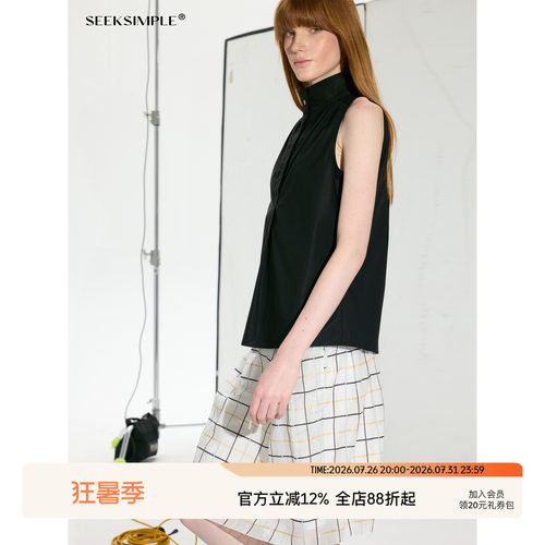 SEEKSIMPLE 80支长绒棉|格纹/黑色可选|小翻领无袖衬衫背心上衣