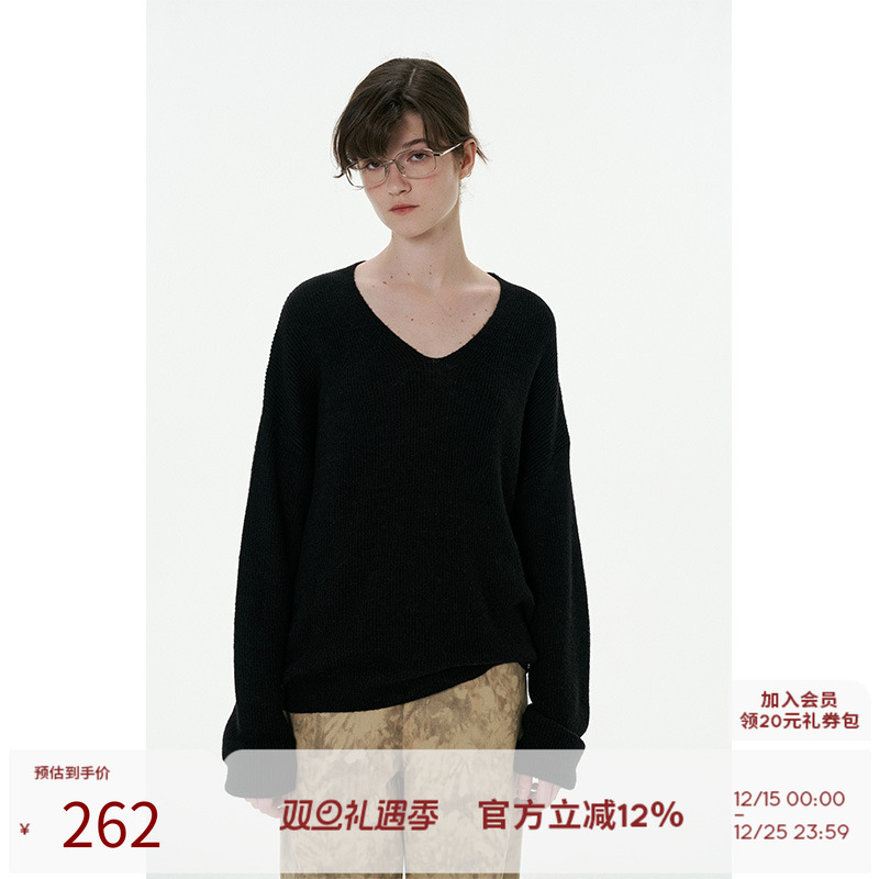 毛针织衫V领绒感套头宽松毛衣