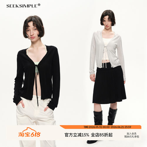 SEEKSIMPLE 醋酸羊毛|条纹肌理|镂空V领绑带轻薄透气针织开衫
