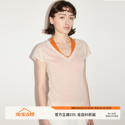 SEEKSIMPLE 亚麻混纺抗皱透气V领连肩小飞袖宽松显瘦短袖t恤上衣