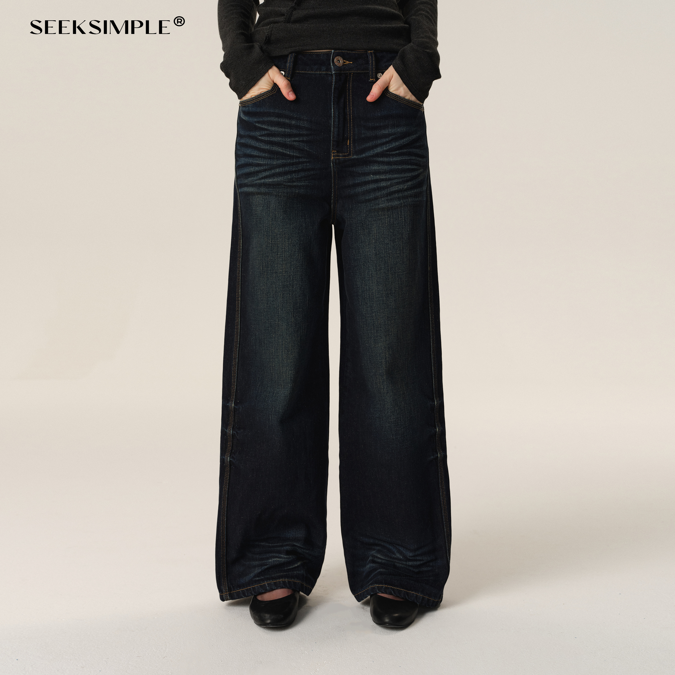 SEEKSIMPLE 冬季低腰明线复古蓝黑色洗水牛仔裤宽松显瘦直筒长裤