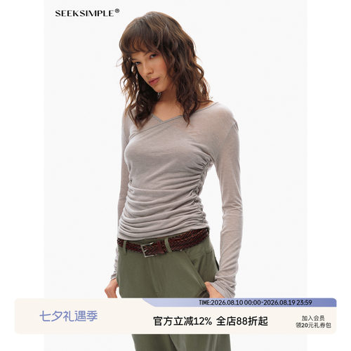 SEEKSIMPLE 羊毛莱赛尔|抽褶造型|斜领修身轻薄长袖t恤D0441