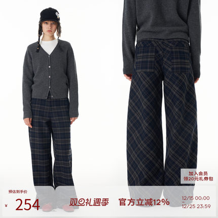 SEEKSIMPLE 加厚毛呢格纹休闲宽松显瘦直筒阔腿格子裤女2024秋冬