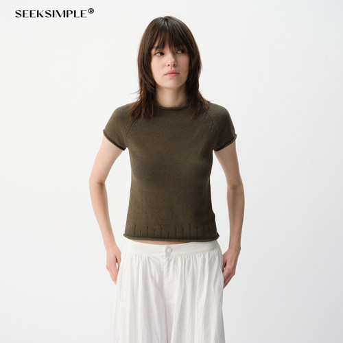 SEEKSIMPLE 亚麻混纺卷边小飞袖毛织短袖T恤D0666