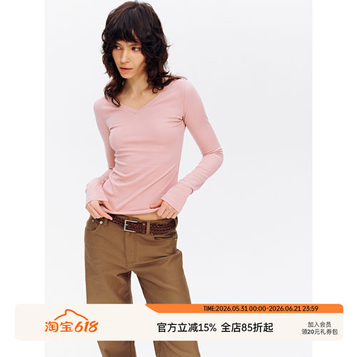 SEEKSIMPLE 莱赛尔醋酸V领修身弹力长袖T恤上衣D0932