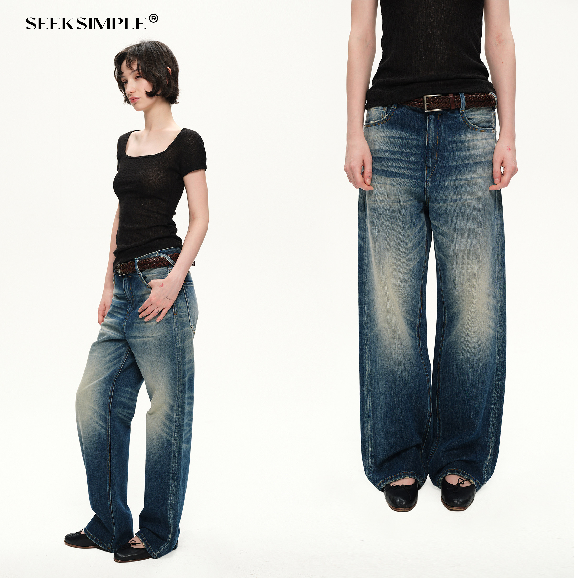 SEEKSIMPLE 高品质纯棉料|中低腰复古毛须做旧磨破直筒牛仔裤
