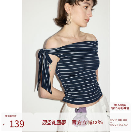 SEEKSIMPLE 高弹亲肤 绑带翻折一字领不规则设计收腰露肩t恤上衣