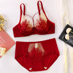 红色本命年内衣女大胸显小薄款上托收副乳防下垂小胸聚拢文胸套装