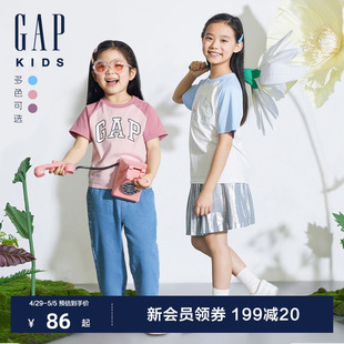 T恤儿童装 Gap女童2024夏季 新款 纯棉logo撞色插肩短袖 上衣510070