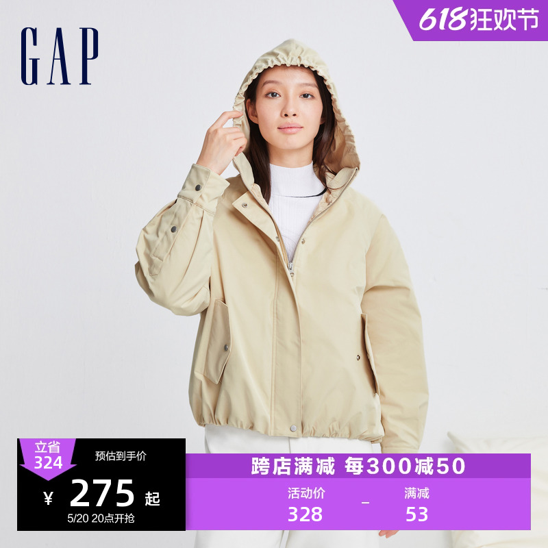 Gap女装春季时尚宽松中长款拉链立领连帽外套高级休闲上衣889888