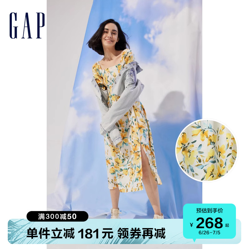 Gap女装春季2023新款印花法式方领连衣裙549216时尚休闲度假裙