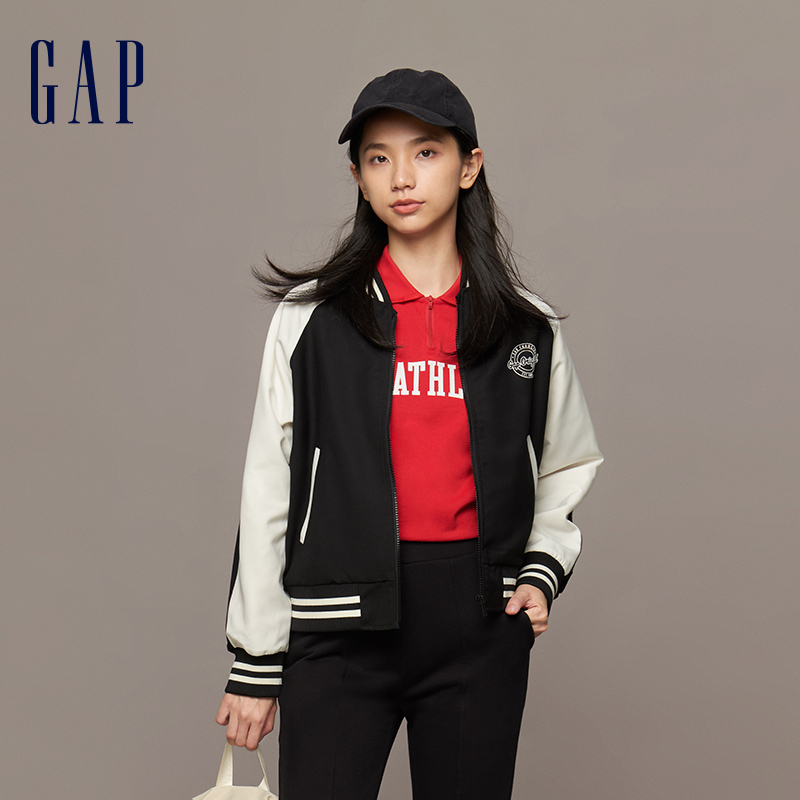 Gap女装春季款LOGO撞色短款宽松棒球服夹克时尚休闲外套841033