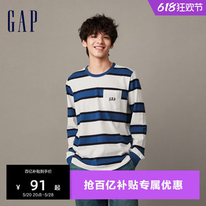 Gap男女装春秋LOGO纯棉亲肤舒适条纹长袖T恤情侣装休闲上衣841256