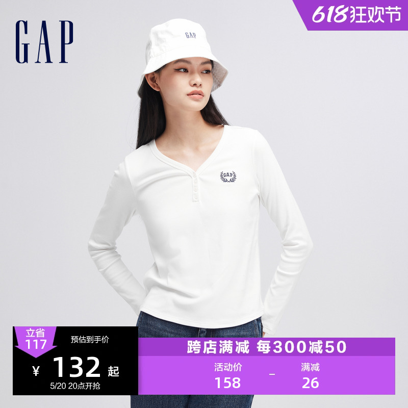 Gap女装2024春季新款logo简约纽扣V领长袖女友T套头上衣429380