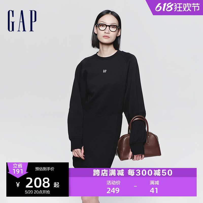 Gap女装2024春季新款logo简约拼接长袖圆领连衣裙卫衣裙430319