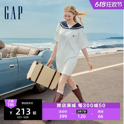 Gap女装2024夏季新款海军翻领logo条纹短袖连衣裙宽松长裙465049