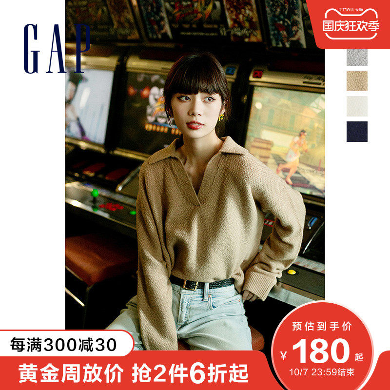 Gap女装气质POLO领宽松毛衣703566 2021秋季新款通勤休闲针织上衣
