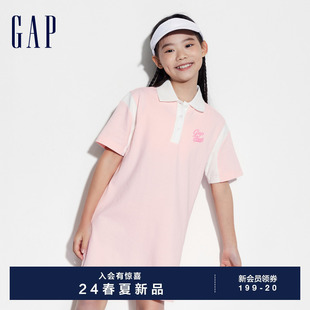 撞色拼接polo领儿童装 运动短袖 新款 Gap女童2024夏季 连衣裙466622