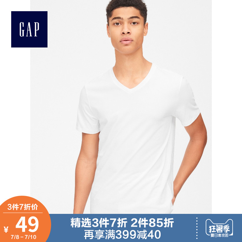 Gap男装纯色短袖T恤夏季440675 2019新款美式上衣男士V领打底衫