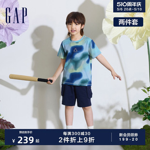 新款 T恤短裤 纯棉扎染小熊logo短袖 Gap男童2024夏季 运动套装 890523