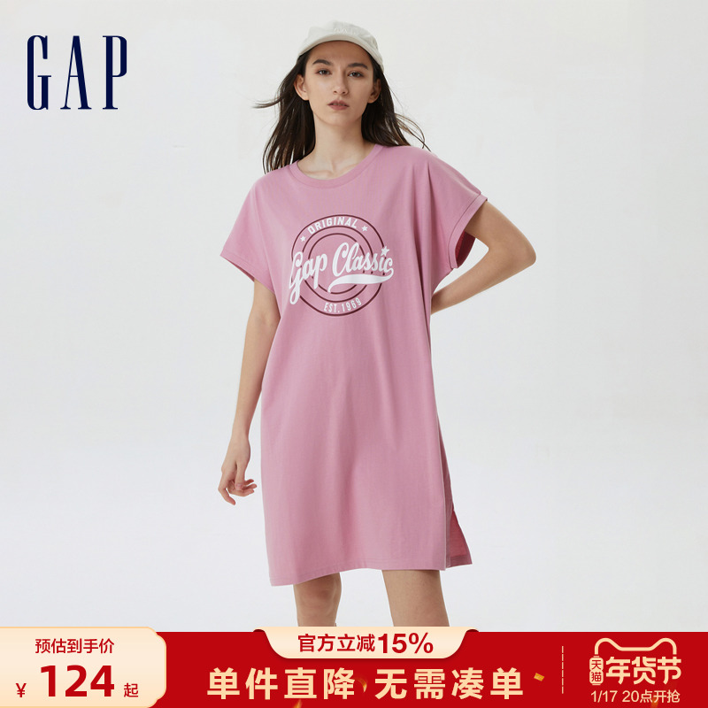 Gap女装夏季新款LOGO宽松运动短袖连衣裙学院风潮流T恤裙663388