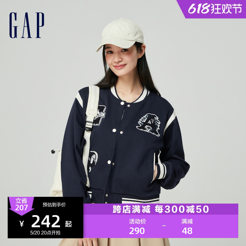 Gap女装2024春季新款纯棉撞色贴布绣logo棒球服学院风外套872711