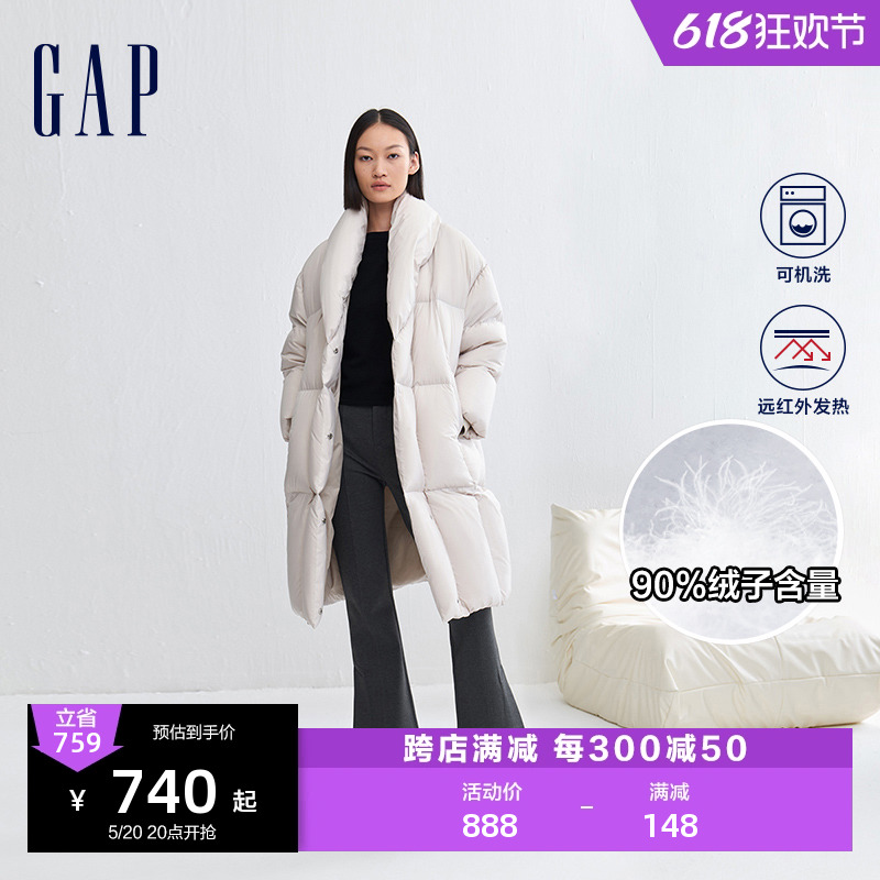 Gap女装冬季翻领远红外发热保暖外套长款宽松廓形羽绒服840920