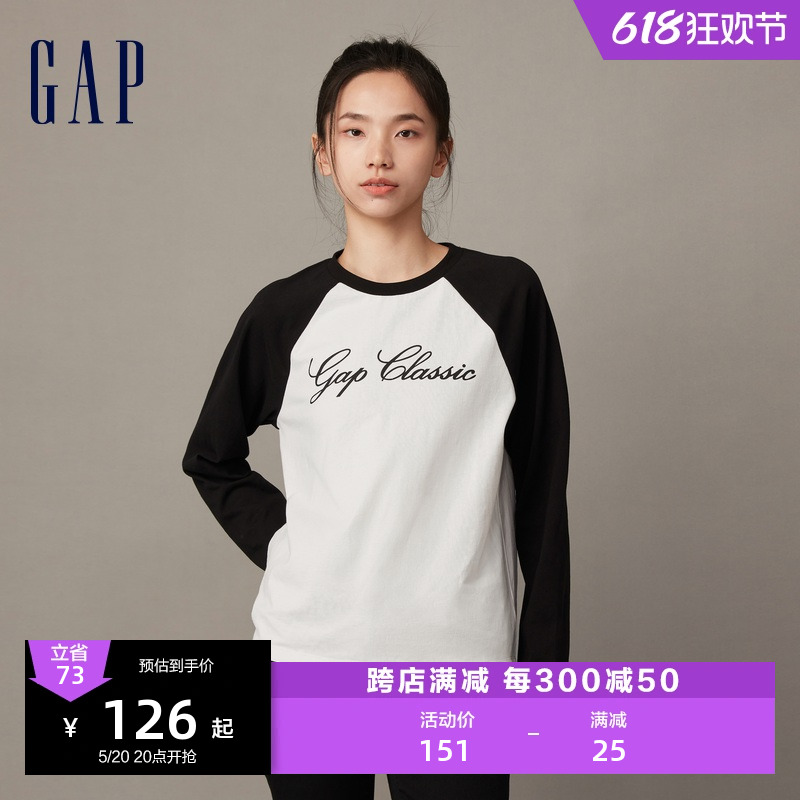 Gap女装春季LOGO纯棉宽松插肩袖长袖T恤柔软亲肤运动上衣836111