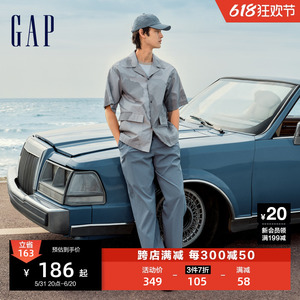 Gap男装24夏季新款纯棉复古度假风满印花衬衫宽松短袖上衣464304